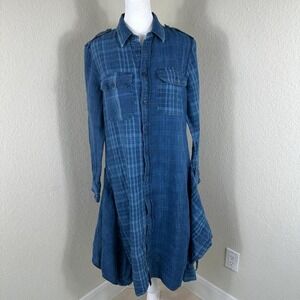 Polo Ralph Lauren Midi Denim Shirt Dress 100% Linen Women‎ 10 Blue Patchwork